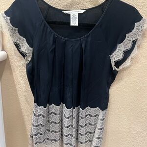 Diane Von Furstenberg Navy Blouse with White Lace Trim